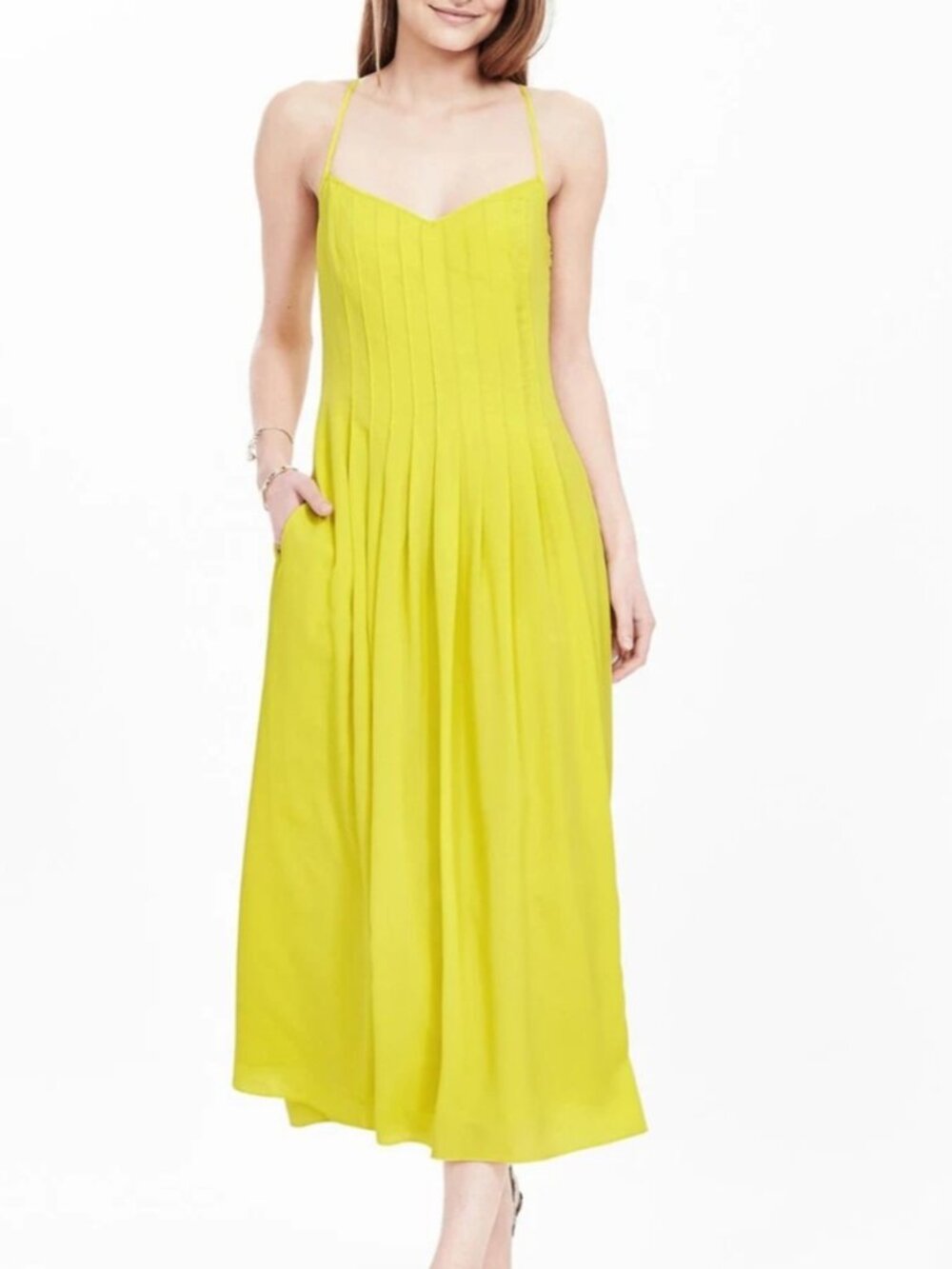 Banana Republic Pleated Midi Dress Size 14 NWT Yellow Strappy Summer Dress - Picture 14 of 14